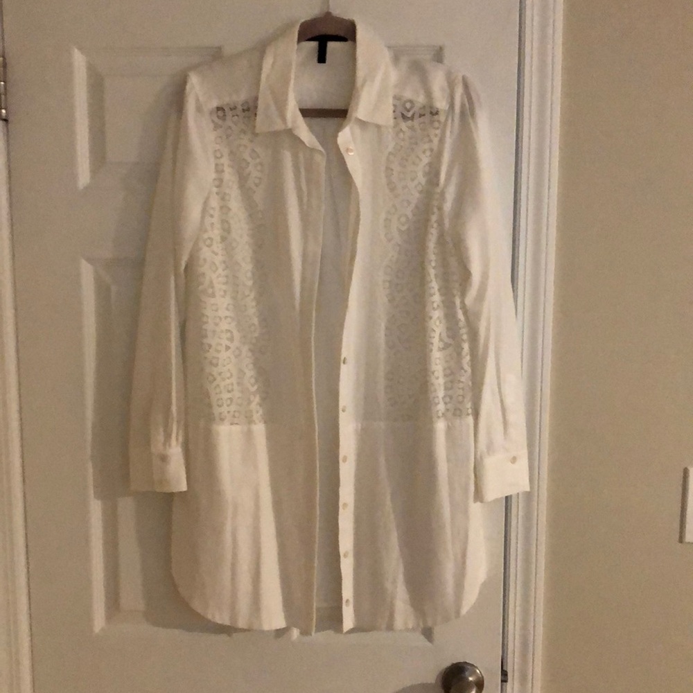 BCBG white lace tuxedo shirt-dress.